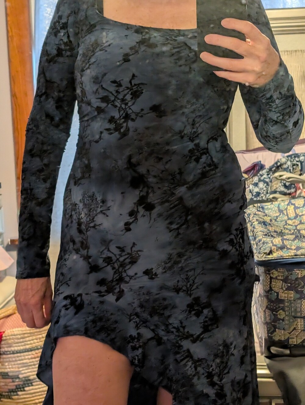Square-Neck Black Floral Burnout Long-Sleeve Dress